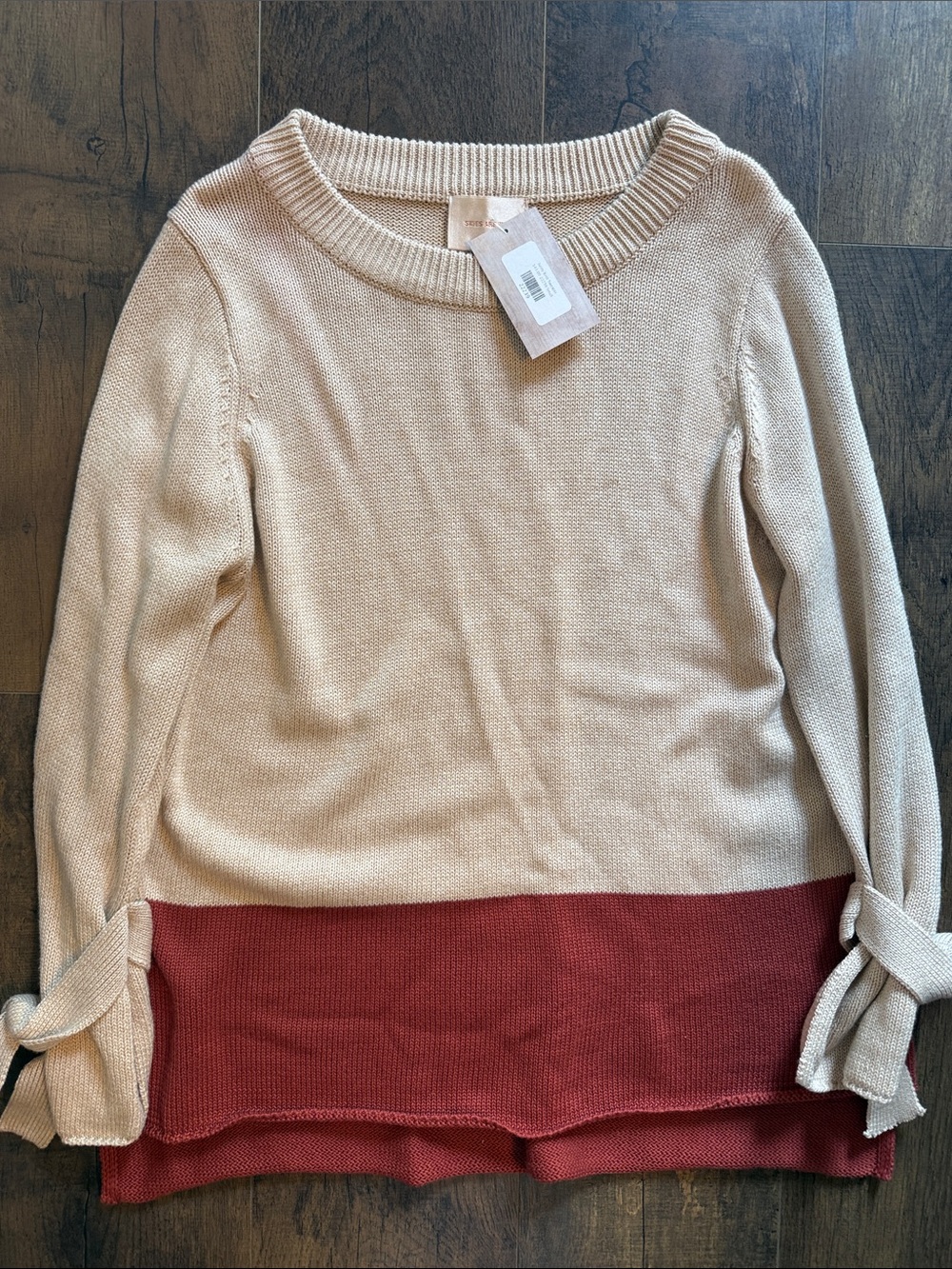 Skies Are Blue Cream Sweater with Rust Hem and Tie Sleeves